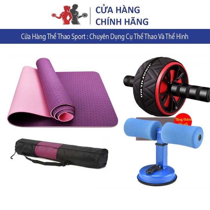 ComBo 3 Sảm Phẩm Thảm yoga TPE 2 Lớp  6MM Dụng cụ tập bụng Và Con Lăn Giảm Mỡ Bụng