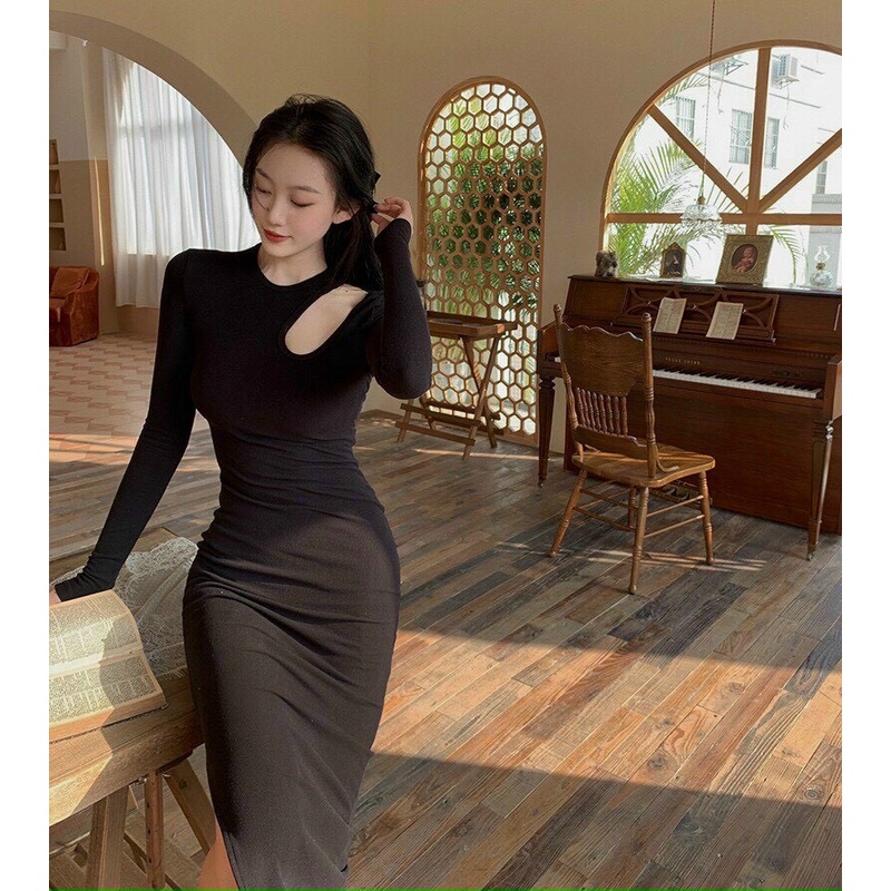 Đầm body tay dài trơn maxi khoét hở vai cực hot , chất thun bozip dày dặn