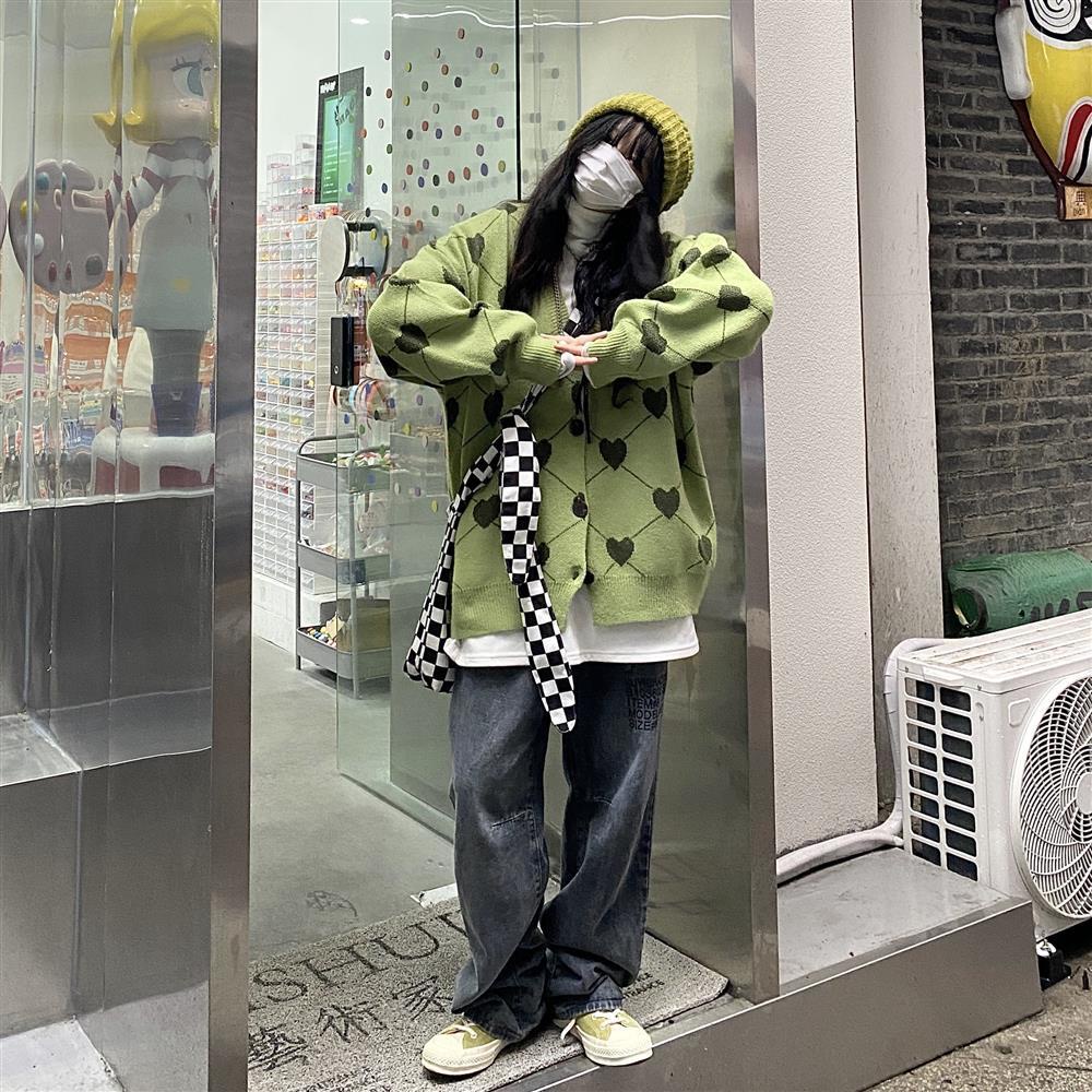 Áo khoác cardigan len dệt jacquard chiều dài trung bình phong cách đường phố xu hướng thời trang cho nữ sinh