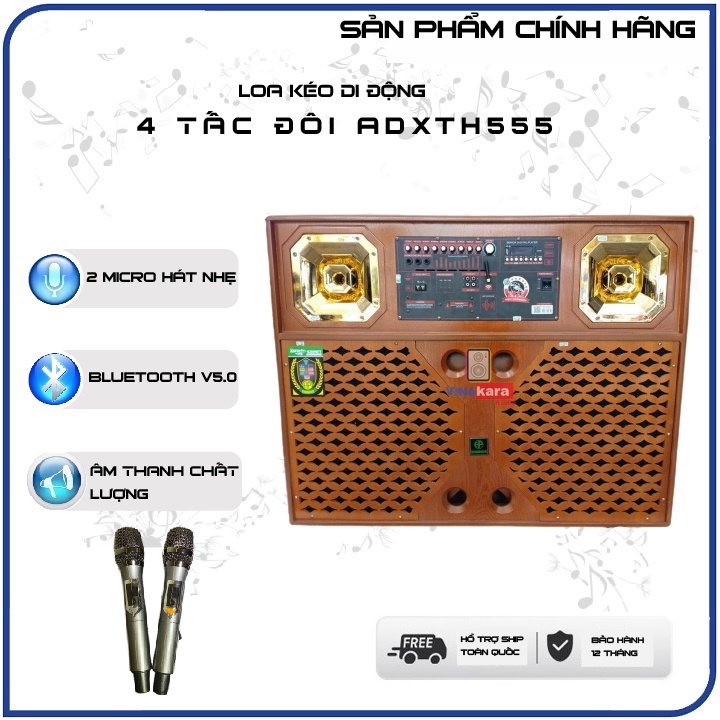 Loa kéo 4 tấc đôi ADXTH555, 2 Micro UHF, Bass - Trelb - Rever ca hay - BH 6 tháng, loa gỗ cao cấp + Tặng Giá ĐT 99K