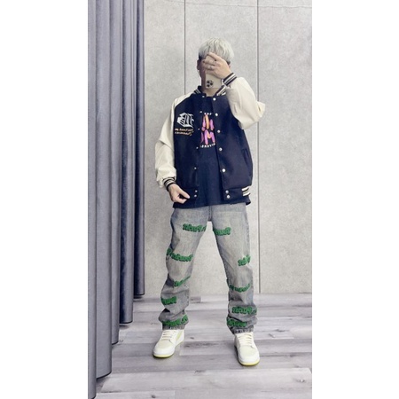 Áo khoác Bomber Tay Da, Áo bóng chày, áo khoác da dáng rộng Hàng Quảng Châu Cao Cấp