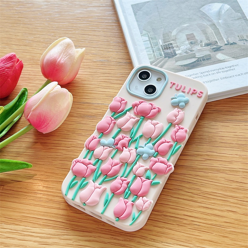 Ốp Điện Thoại Silicon Ba Chiều Họa Tiết Hoa Tulip Dành Cho iPhone XS Max 11ProMax 12ProMax 13ProMax