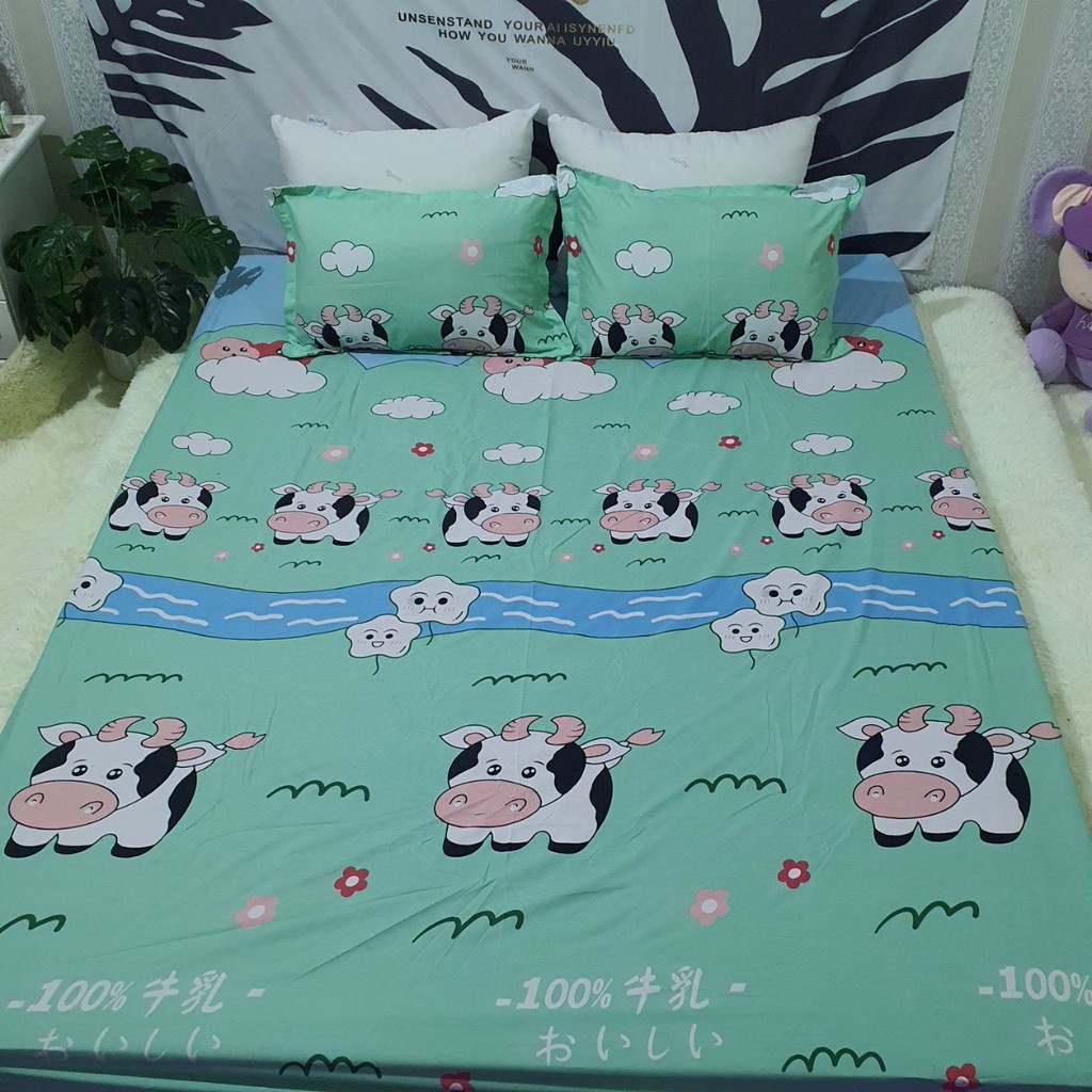 Bộ Ga Gối Cotton Poly Mẫu BÒ SỮA XANH CHO BÉ YÊU NHÀ BẠN ĐỦ KÍCH THƯỚC CHỌN LỰA