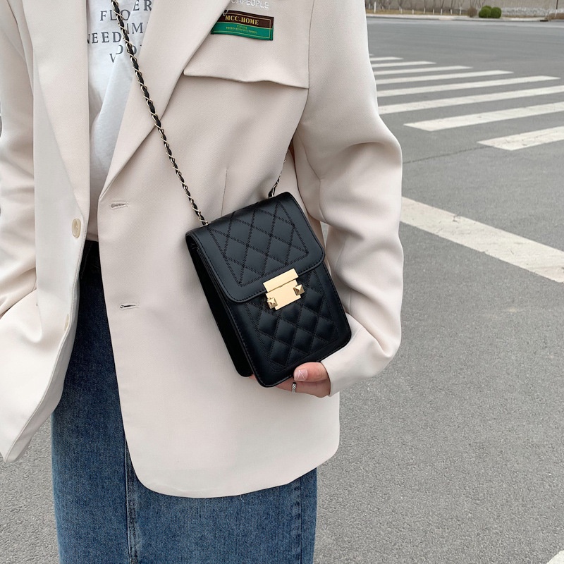 Túi IELGY dáng hộp vuông nhỏ đựng điện thoại di động phối dây xích đeo vai thời trang cho nữ