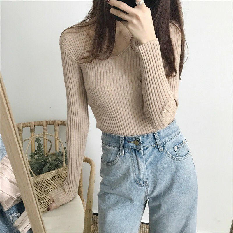 Áo Thun Tay Dài Cổ Tim Fom Ôm Chất Thun Mịn Mát Co Giản, ÁO GÂN CỔ TIM TAY DÀI