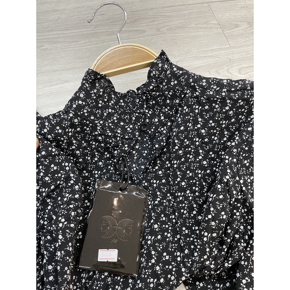 Váy Hoa Nhí Vintage Dáng Suông Thắt Đai Eo Đầm Hoa Tay Bồng Nữ Tính