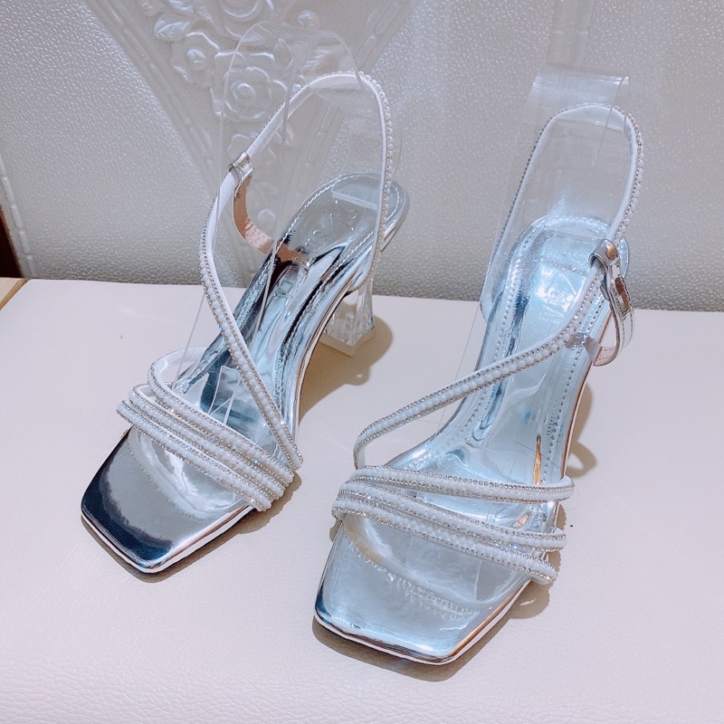 [Bán giá gốc] Giày sandal nữ cao gót 3 quai đá ngọc phối chéo gót trong 7p hàng vnxk cao cấp loại 1