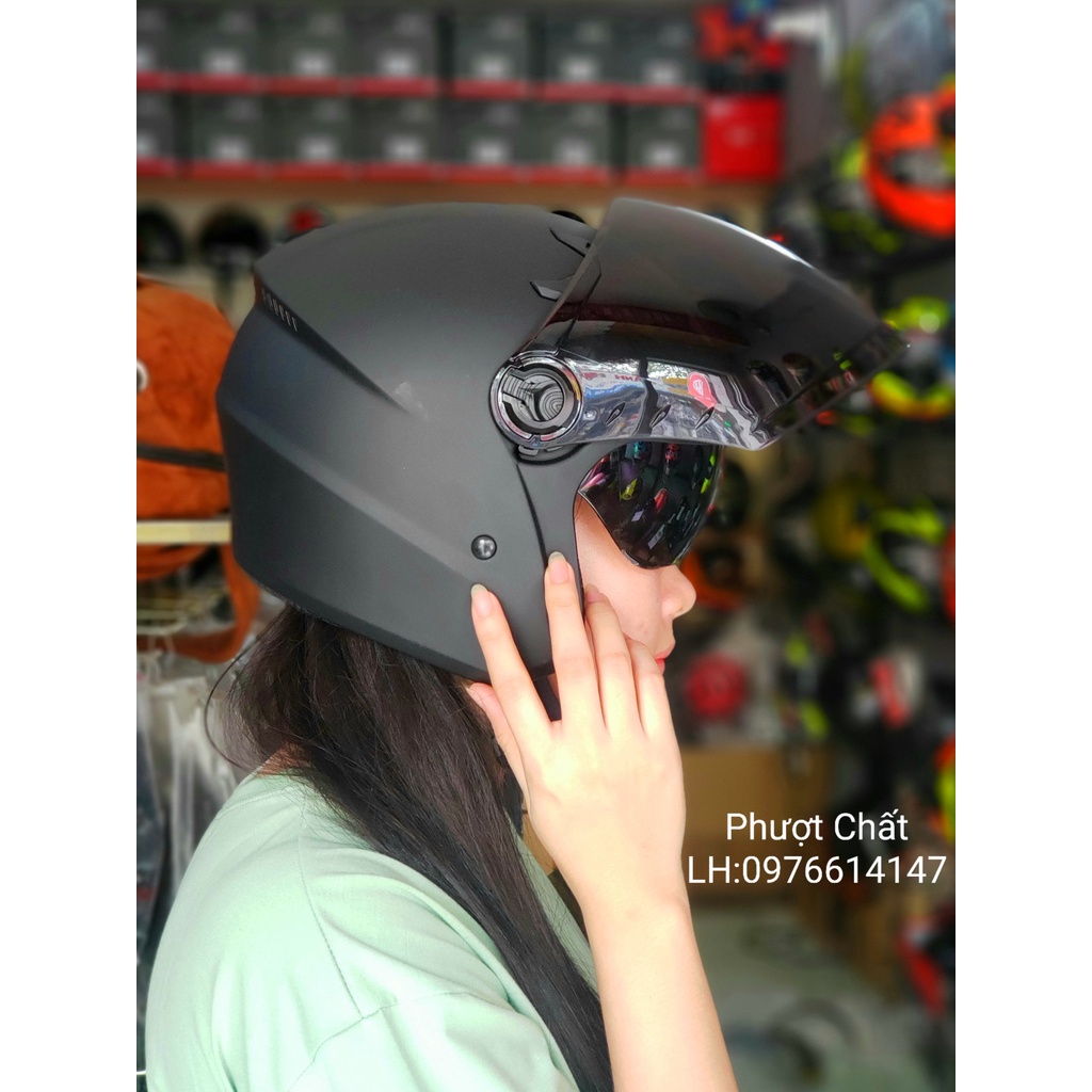 Mũ bảo hiểm 2 kính 3/4 đầu màu đen nhám siêu đẹp