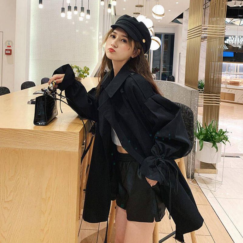 2021 autumn new rope Korean version loose short trench coat retro network celebrity popular student coat girl