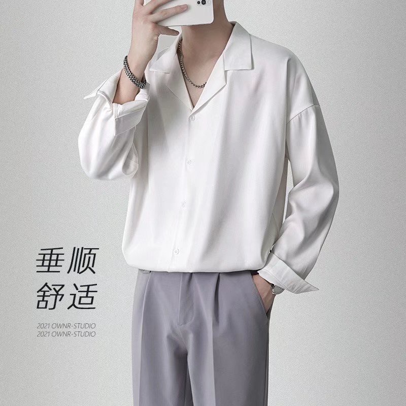 Áo Sơ Mi Trơn Tay Dài Dáng Rộng Thoáng Khí Thời Trang Hàn Quốc Cho Nam