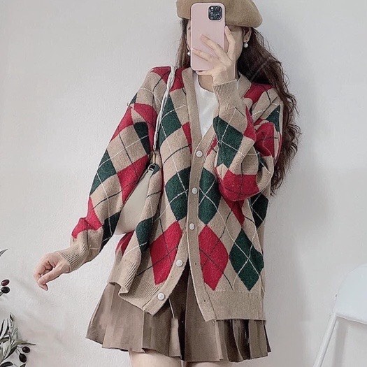 Áo cardigan mỏng hình quả trám Junnie Closet Áo len họa tiết 2 màu xanh lá be Hàn Quốc hottrend | BigBuy360 - bigbuy360.vn