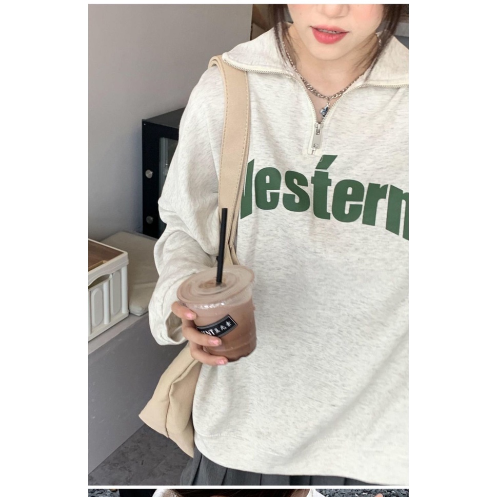 Áo Nỉ Nữ Dài Tay Cổ Bẻ Form Rộng Thời Trang Hàn