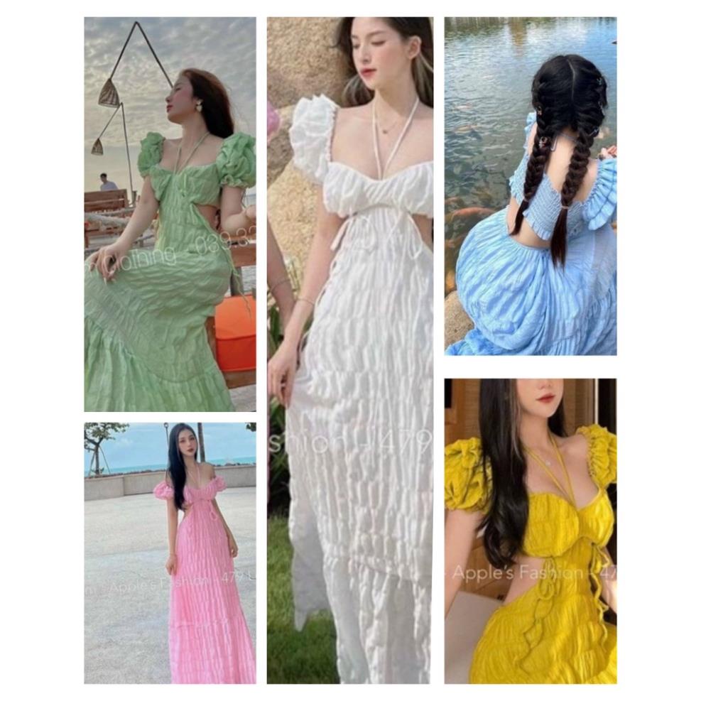 T15 đầm maxi vàng hở lưng thắt dây nơ cổkhoét eo sexy gợi cảm váy dáng dài đi biển tiểu thư dịu dàng xốp chỉ