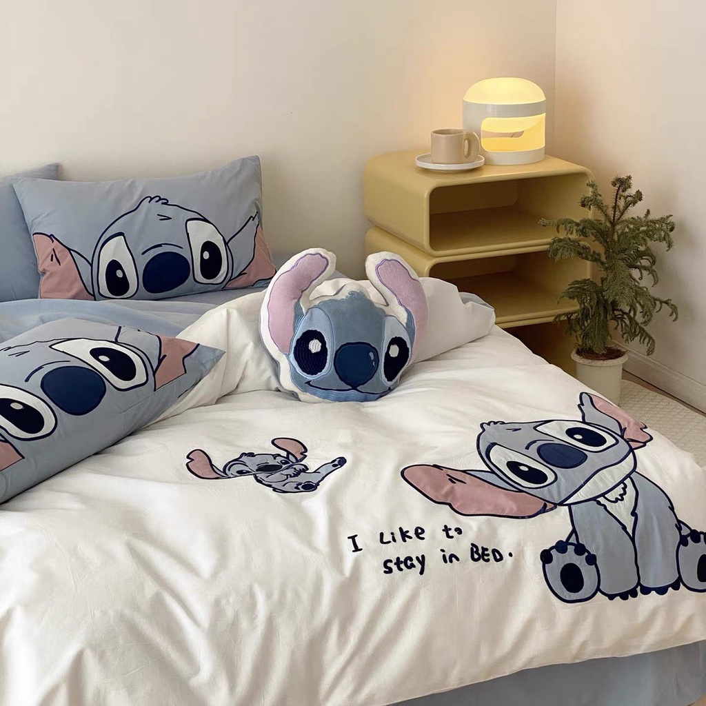 Bộ Chăn Ga Gối 5 Món mẫu STITCH -  Cotton Linen Họa Tiết Hoạt Hình Disney Dễ Thương
