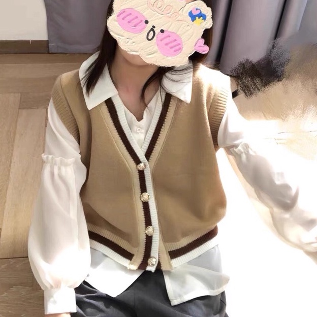 Áo gile, Áo gile len nữ màu nâu cài khuy viền sọc năng động ulzzang Hàn Quốc 2021 order Taobao