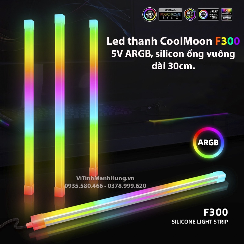 Led thanh CoolMoon F300, 5V ARGB, silicon ống vuông, dài 30cm, đồng bộ Mainboard hoặc Hub CoolMoon.