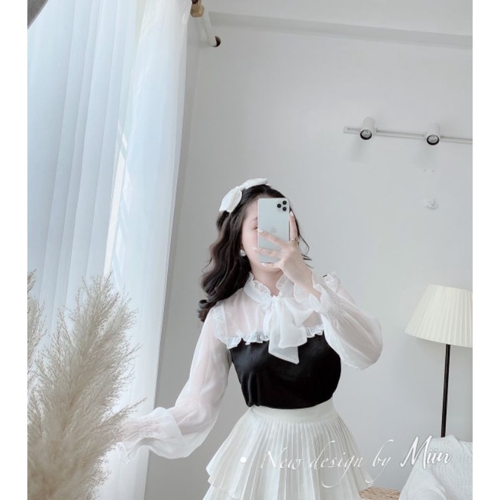 Áo len tăm đen phối cổ nơ | BigBuy360 - bigbuy360.vn