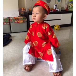 Bộ áo dài hoạ tiết đồng tiền kèm khăn đống bé trai 7-30kg