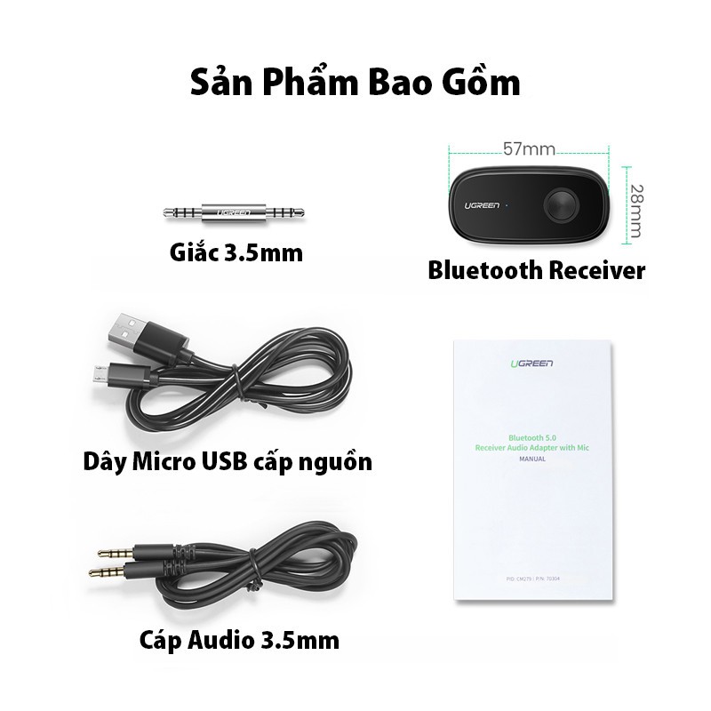 Bluetooth 5.0 Receiver Chính hãng Ugreen 70304 Hỗ trợ APTX+ Audio 3.5mm Cao Cấp CM279 (Có Pin lưu trữ 8h)