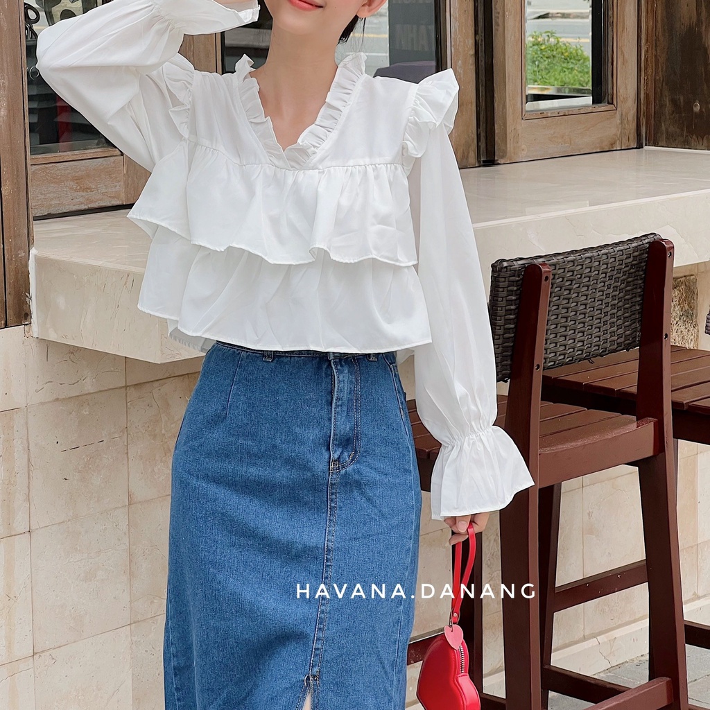 Chân váy jeans dáng dài cạp cao, chân váy dài xẻ tà form xòe chữ A AE170