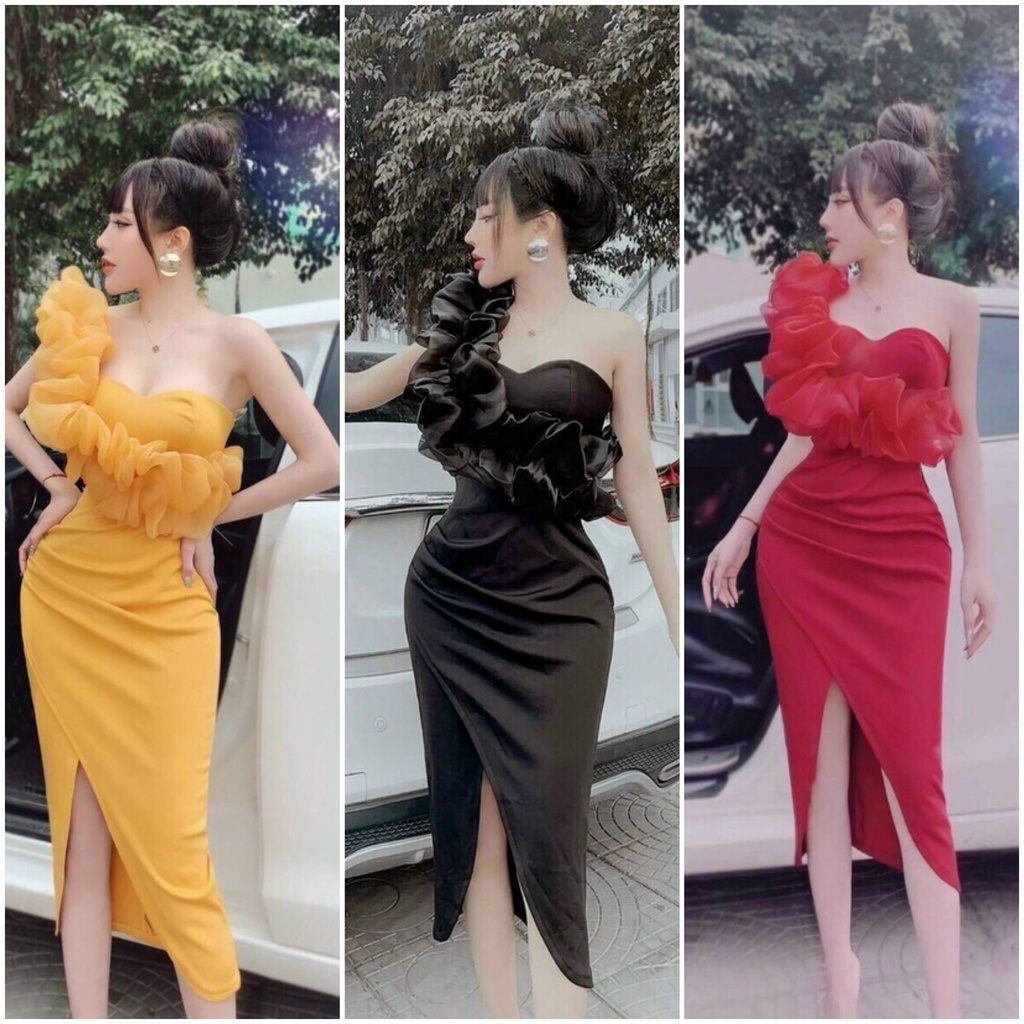 Đầm body dự tiệc lệch vai bèo ngực xếp ly sang chảnh ( kèm mút )