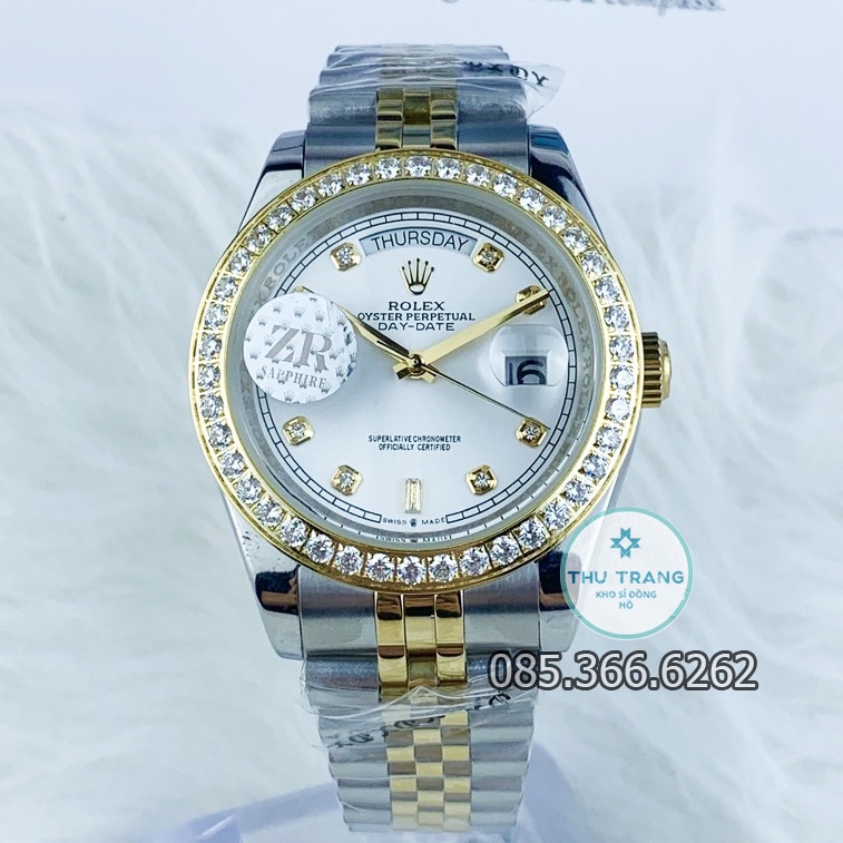 Đồng hồ nam Rolex cơ Automatic máy Nhật mẫu 2 lịch mặt trắng viền đá dây demi size 40-41mm