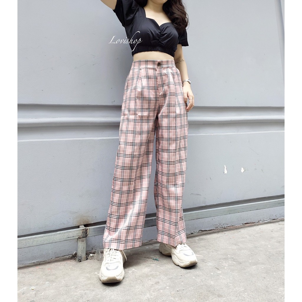 Quần caro dài lưng thun sau nút giả 2 túi Lovi