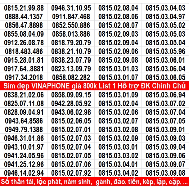 Sim Đẹp Năm Sinh VINA ĐỒNG GIÁ 800k File 1 HỖ TRỢ ĐĂNG KÝ CHÍNH CHỦ MIỄN PHÍ NHIỀU GÓI KM CỦA MẠNG VINA