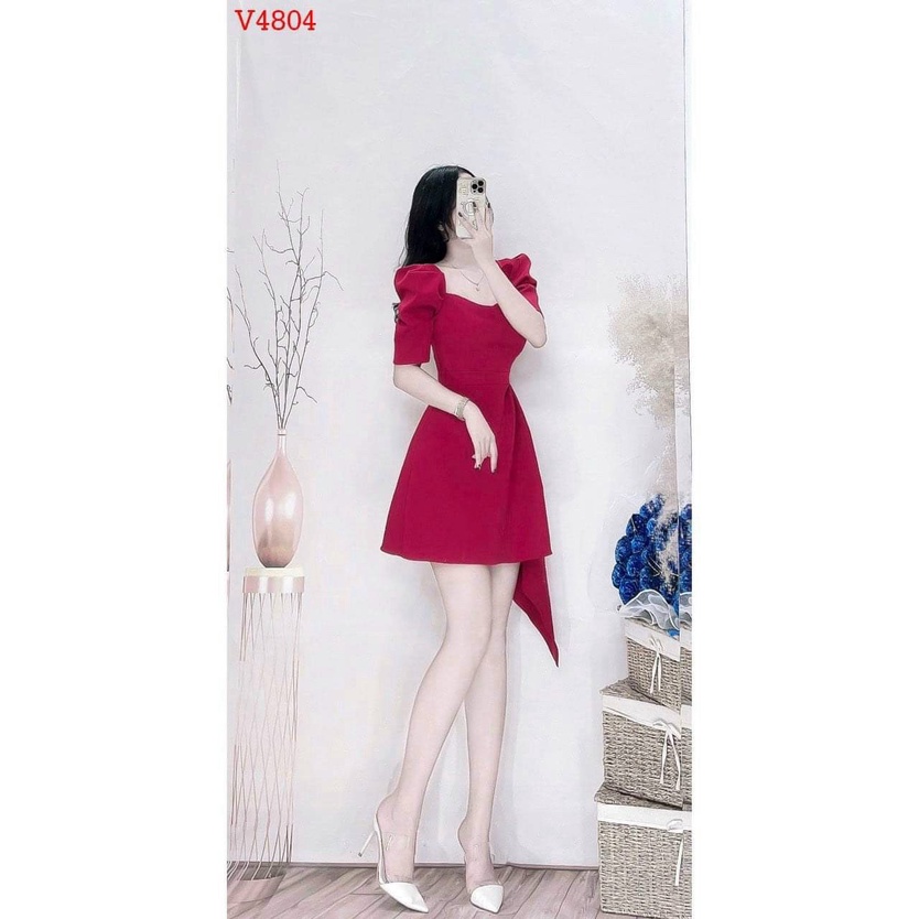 Đầm đi tiệc nữ màu đỏ, đầm nữ tay phồng, đầm thiết kế nữ đi tiệc có mút, váy ôm body nữ lệch tà sang chảnh