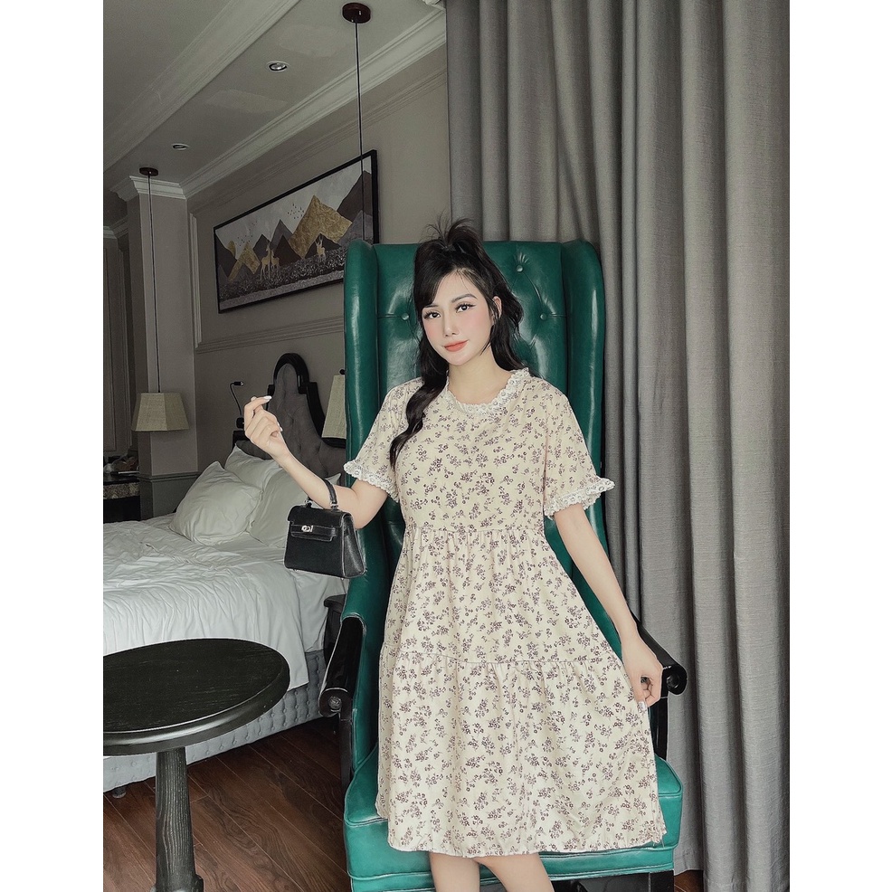 Váy Bầu Hoa Nhí Tay Ren, Cổ Ren☘️Đầm Bầu Hè Cộc Tay Công Sở☘️✨đi làm , đi chơi đều được ✨☘️freesize 45-68kg