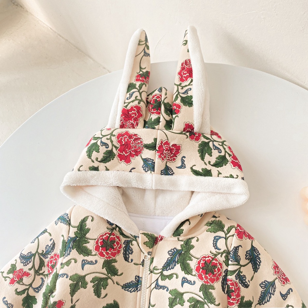 Bộ áo liền quần SANLUTOZ tay dài bằng cotton in hoa dễ thương thời trang mùa đông cho bé gái