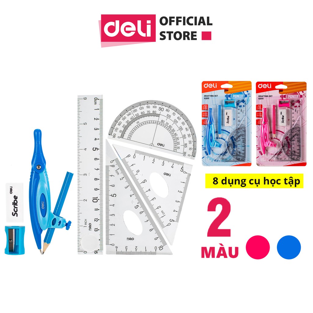 [Mã LIFEDL44 giảm 50K đơn 99K] Bộ compa Deli, Hồng/Xanh da trời, gồm 8 dụng cụ/bộ - EG30001