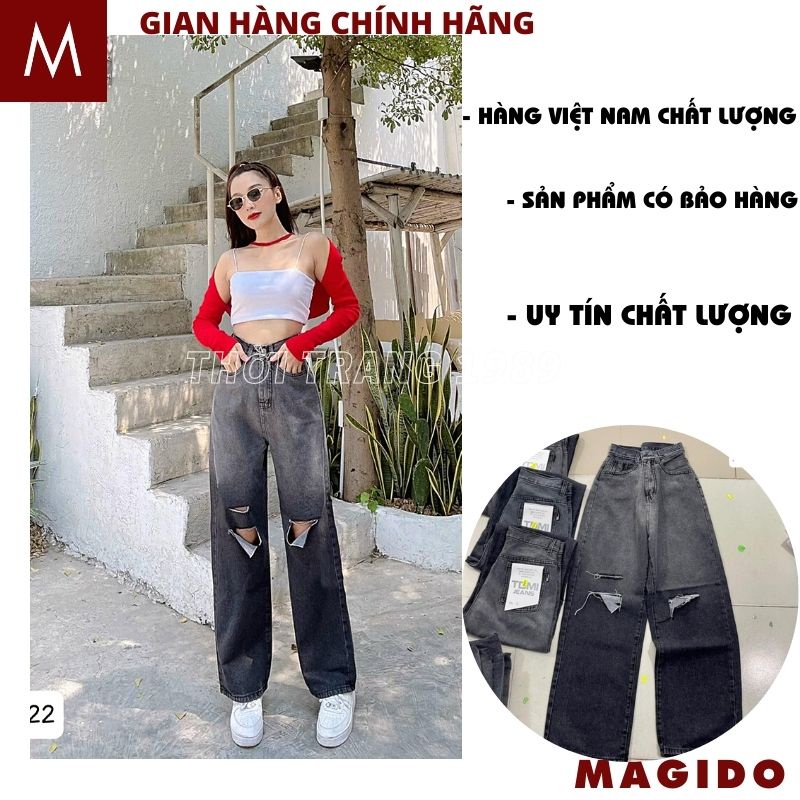 Quần bò ống rộng nữ cạp cao loang mầu xám khói rách 2 gối , quần jeans ống rộng lưng cao, vải bò dày đẹp ,MAGIDO