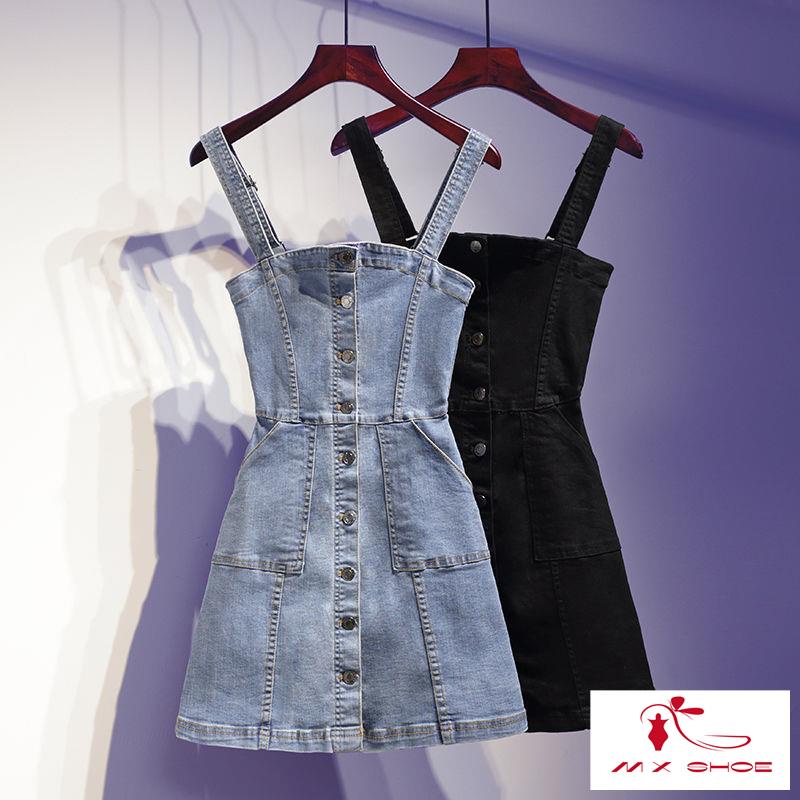 Đầm Denim Hai Dây Ngắn Dáng Ôm Phong Cách Hàn Quốc Thời Trang 2022 Dành Cho Nữ Tuổi Trung Niên