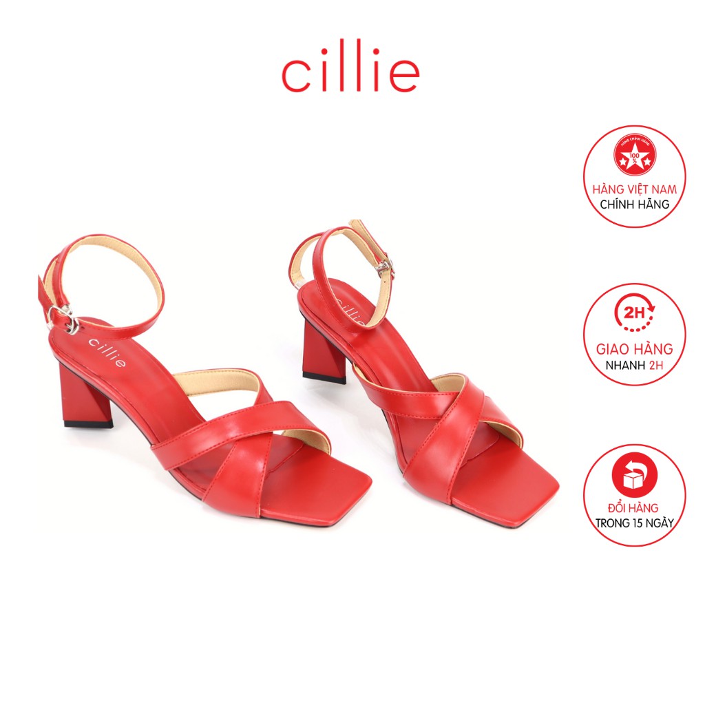 Giày sandal cao gót nữ quai chéo mũi vuông thời trang gót trụ cao 6cm đi làm đi chơi Cillie 1208