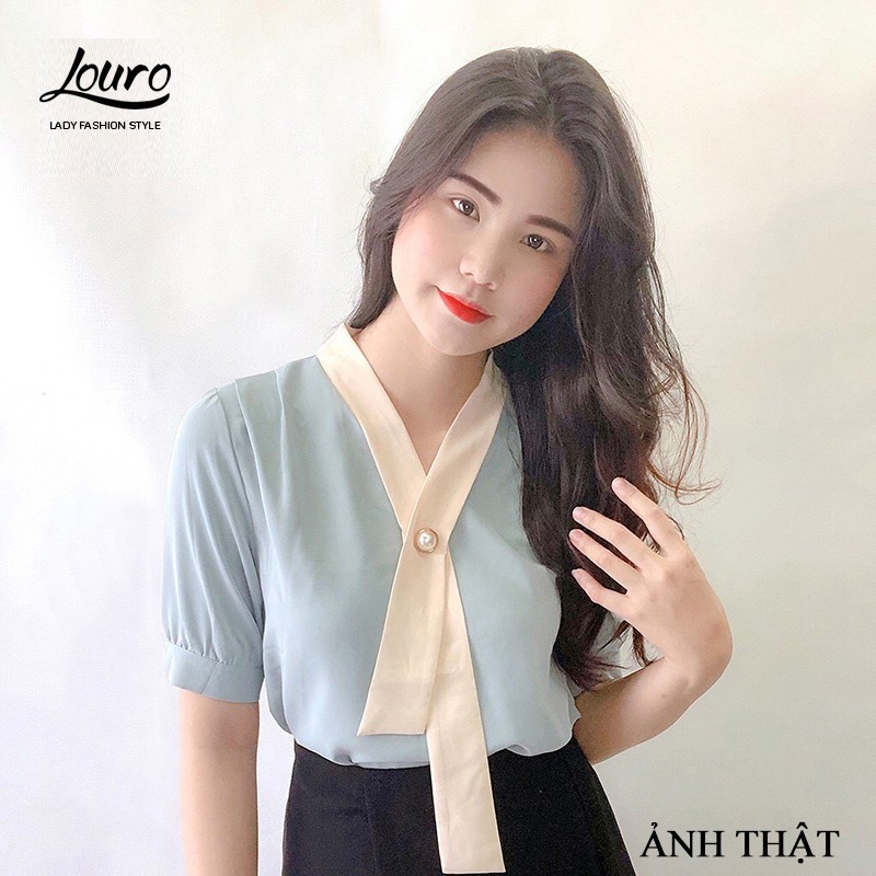 Áo kiểu nữ công sở Louro L208,ảnh thật shop chụp mẫu áo sơ mi tay ngắn cổ chữ V, chất liệu voan mềm mại, nhẹ nhàng