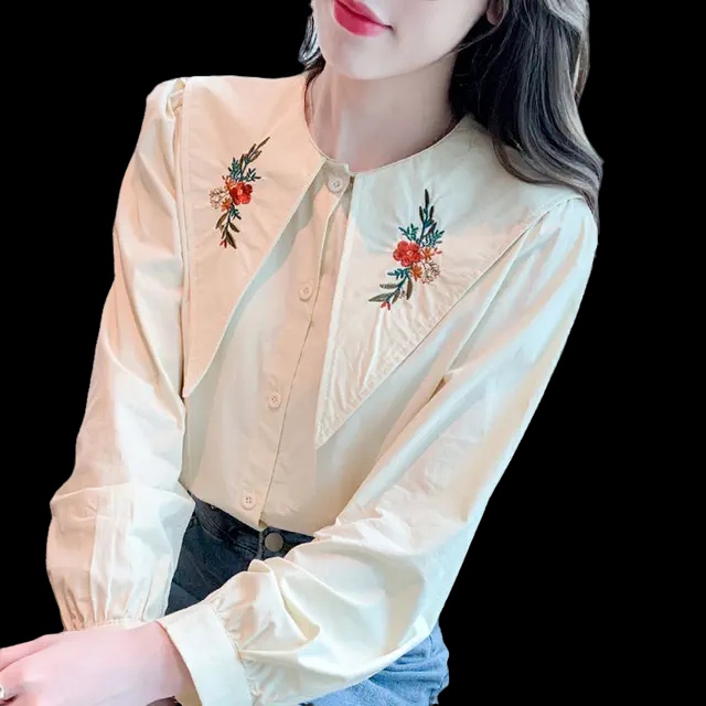 Áo sơ mi nữ cổ lá thêu hoa