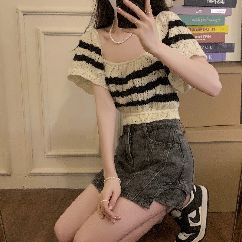 Áo dệt kim croptop  nữ Quảng châu cao cấp tay ngẵn cổ vuông phong cách Hàn Quốc quyến rũ hottrend tiktok kozoda AL14
