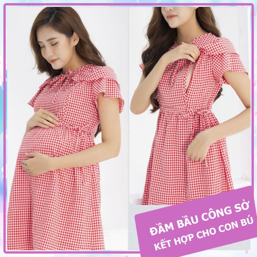 Đầm bầu kết hợp cho con bú MOLYS kẻ caro bèo tay 2 tầng trẻ trung   đai thắt eo linh động m2231