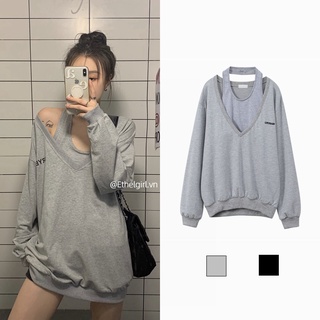 Ethelgirl 2 màu sắc phong cách retro Hàn Quốc thiết kế thời trang gợi cảm quây dáng rộng cổ chữ V dài tay áo + bộ Áo hai dây dành cho nữ
