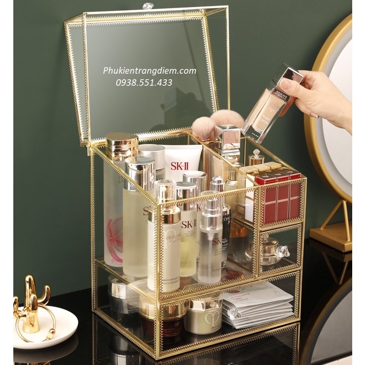 Tủ Kệ Trang Điểm Golden Viền Vàng - Kệ Mỹ Phẩm Mạ Vàng Chống Bụi - Nắp Vuông