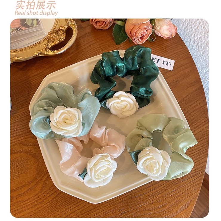 Dây buộc tóc hình hoa trà kiểu retro Pháp dây cột tóc đuôi ngựa nữ tính ngọt ngào