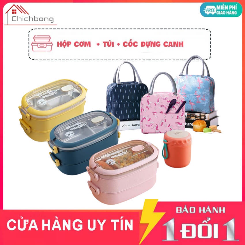 [COMBO] Hộp đựng cơm văn phòng giữ nhiệt lúa mạch 2 tầng lõi inox 304, dung tích 1,5 lít + Túi giữ nhiệt + hộp đựng canh