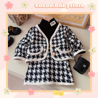 Set Áo Váy Dạ Len Kẻ Caro Đính Khuy Mạ Vàng Tiểu Thư Cực Xinh Cho Bé Gái