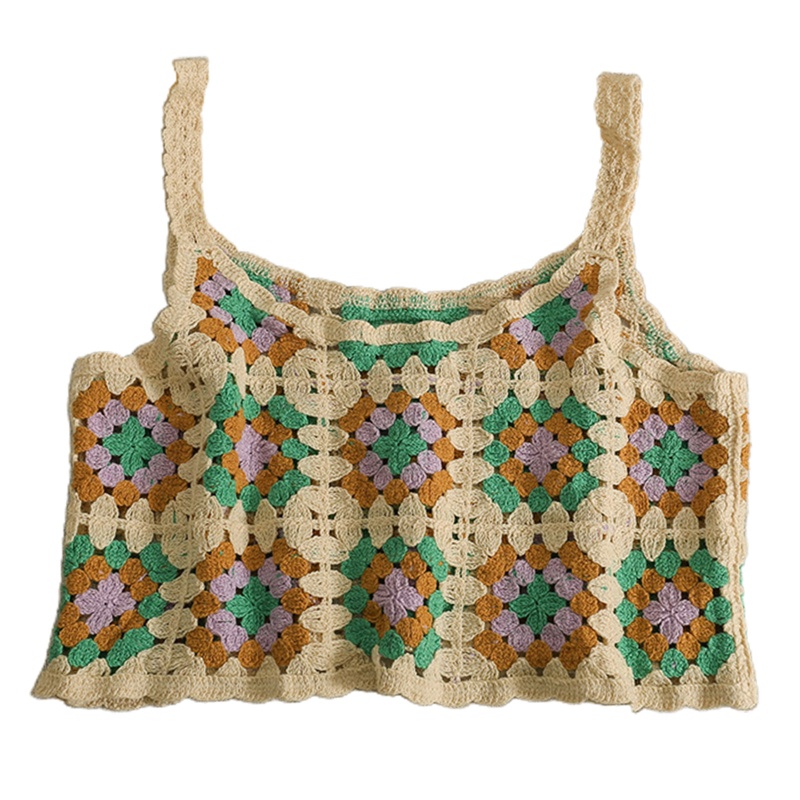 Áo Croptop Dệt Kim Không Tay Khoét Lỗ Màu Sắc Tương Phản Phong Cách Boho Cho Nữ