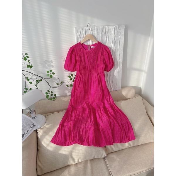 Váy xốp nhăn Hàn hottrend Đầm đi du lịch tay bồng