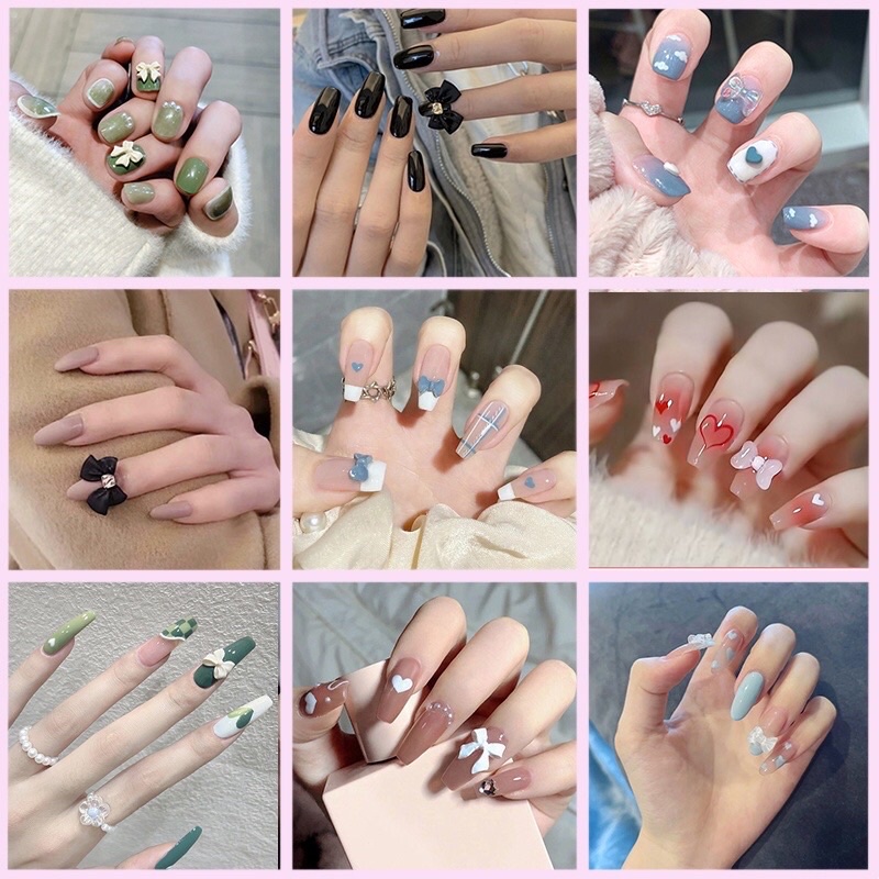 Hộp 24 móng tay giả đính cham nhiều mẫu có sẵn keo