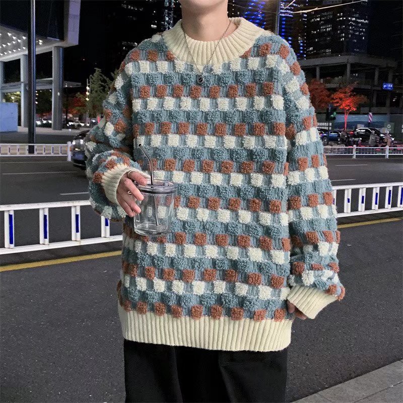 Áo len tay dài họa tiết kẻ lưới thời trang dành cho nam