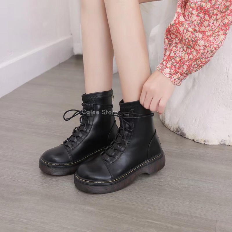 LẺ SIZE SALE SỐC Bốt cổ cao dáng combat boots nữ màu đen có sẵn đế 3cm kếp cao su da mềm cao cấp