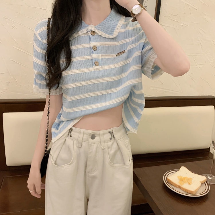 Áo polo Dệt Kim Tay Ngắn Họa Tiết Kẻ Sọc Màu Sắc Tương Phản Thời Trang Mùa Hè 2022 Cho Nữ